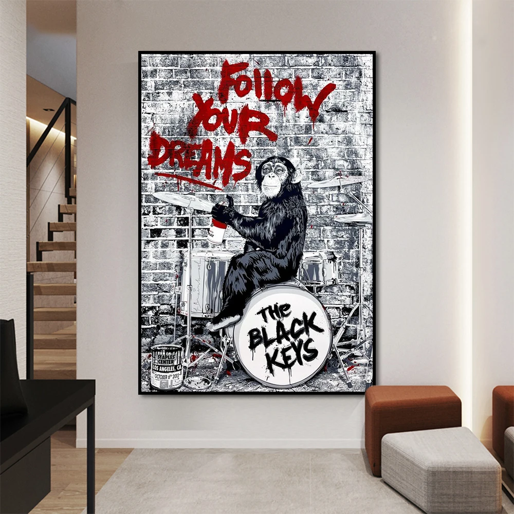 Banksy Graffiti Art Canvas Painting Follow Your Dreams Monkey Poster and Print Wall Art Pictures for Living Room Home Decoration