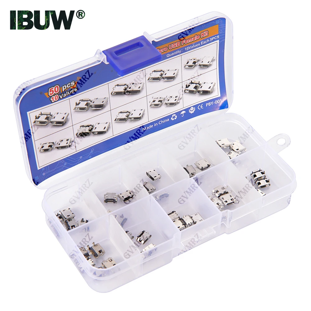 50PCS 10Values Micro USB Female Connector Kit for Electronics DIY & Repair Projects