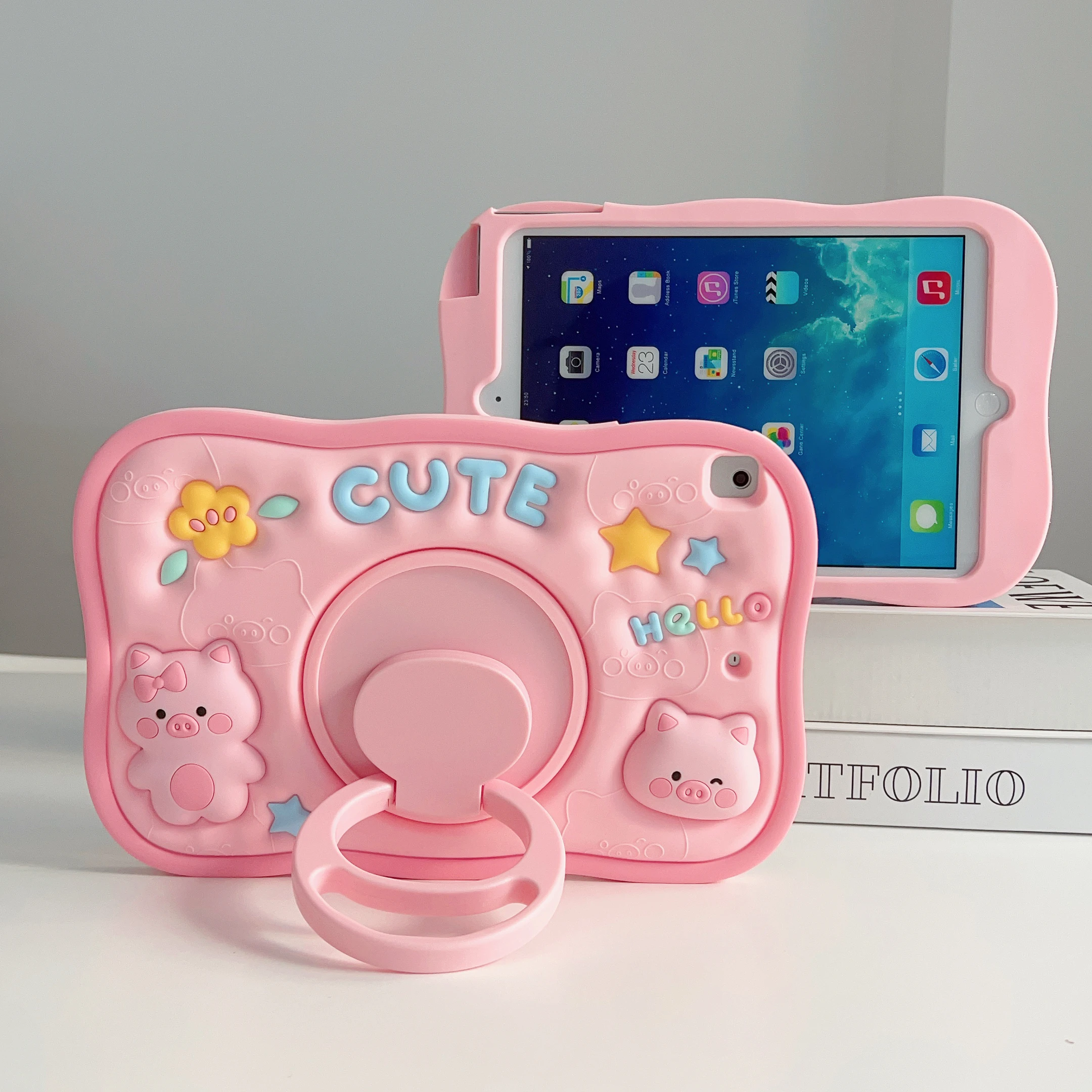 Rotating Kids Cute Case For iPad 10th 2022 Mini 6 5 4 3 2 1 iPad 9.7 10.2 10.5 inch Pro 11 Soft Solicone Stand Cover Pink Piggy 