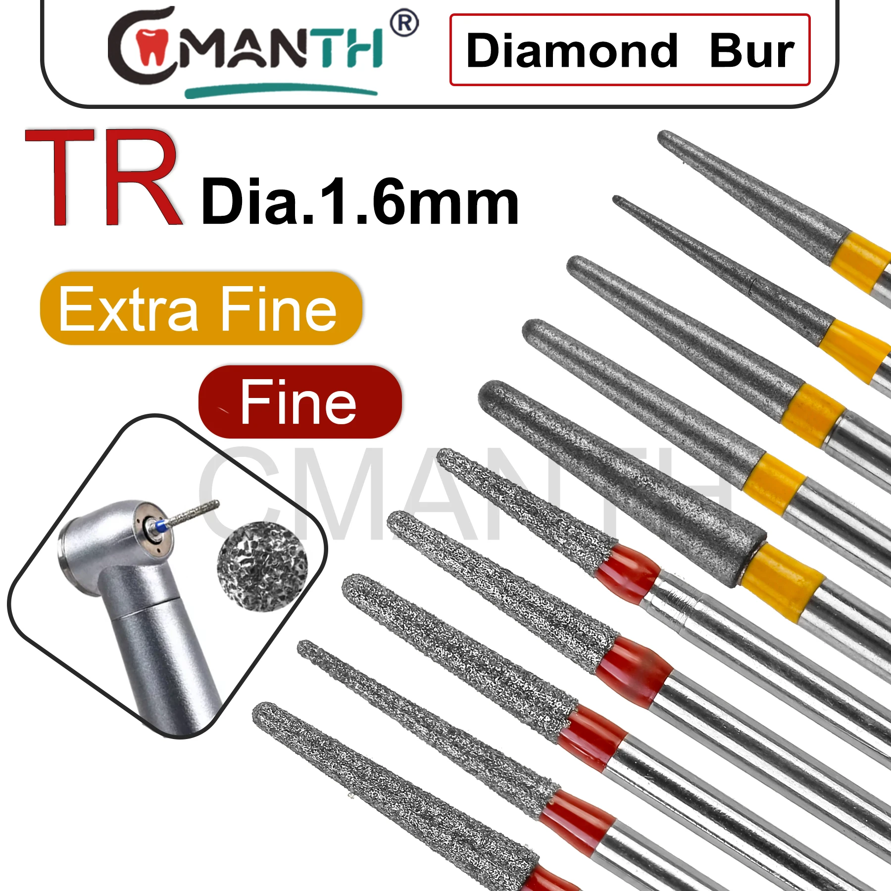 Dental Diamond Burs TR Type Fine/Extra Fine Dentistry Drills For High Speed Turbine Handpiece 10Pcs/Pack