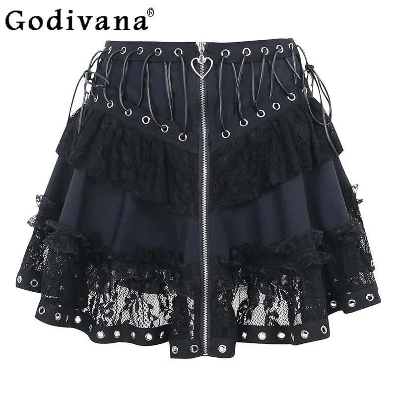 

Dark Loli Sexy Lace Lace-up Zipper Personalized A-line High Waist Short Cake Skirt Summer Girls Sweet Cool Chic Versatile Skirts