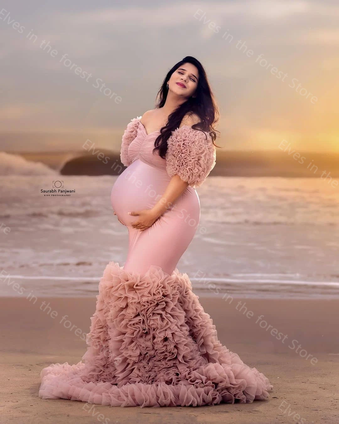 Gorgeous Mermaid Maternity Gowns For Photoshoot Off The Shoulder Puffy Sleeves Maternity Dresses Pregnancy Women Long Dress