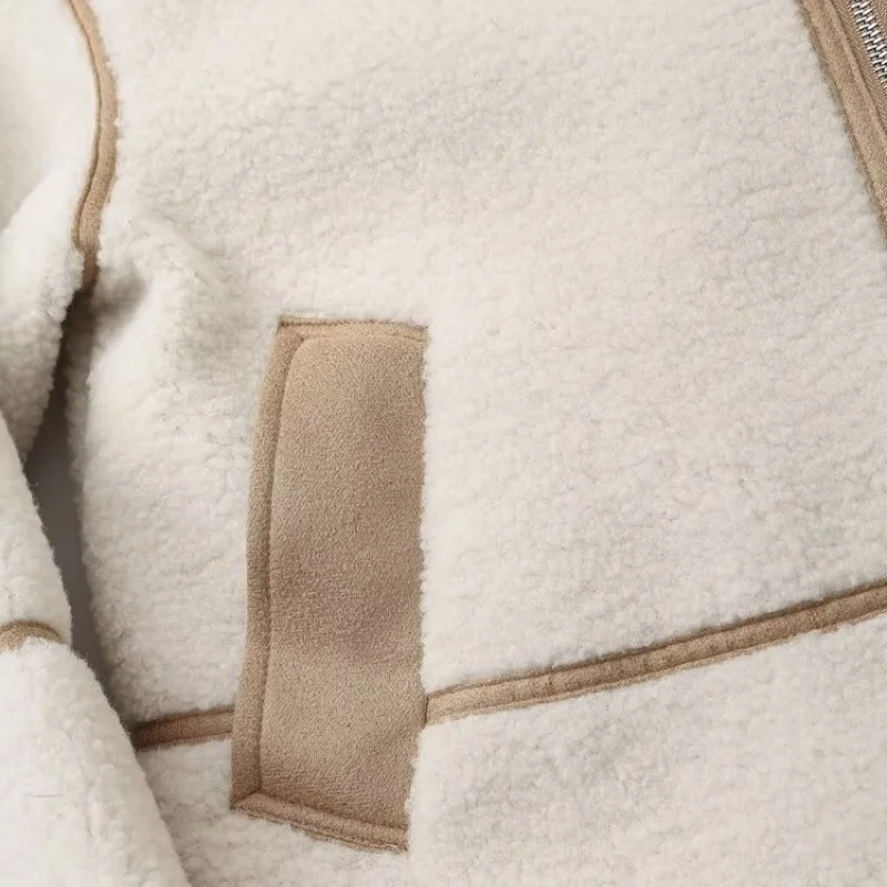 เสื้อแจ็คเก็ตหนังแกะสองด้าน ขนแกะ คอปกพลิก สีสันตัดกัน อุ่นสบาย แฟชั่นสำหรับผู้หญิง เสื้อโค้ทกันหนาวสำหรับฤดูหนาว