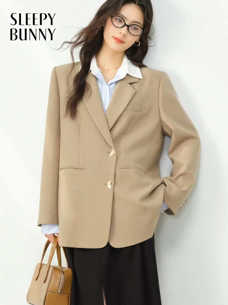 Vintage Oversized Elegant Blazer Suit Jacket Women Autumn Loose Fit Office Coat with Classic Lapel Design for Casual Formal Wear