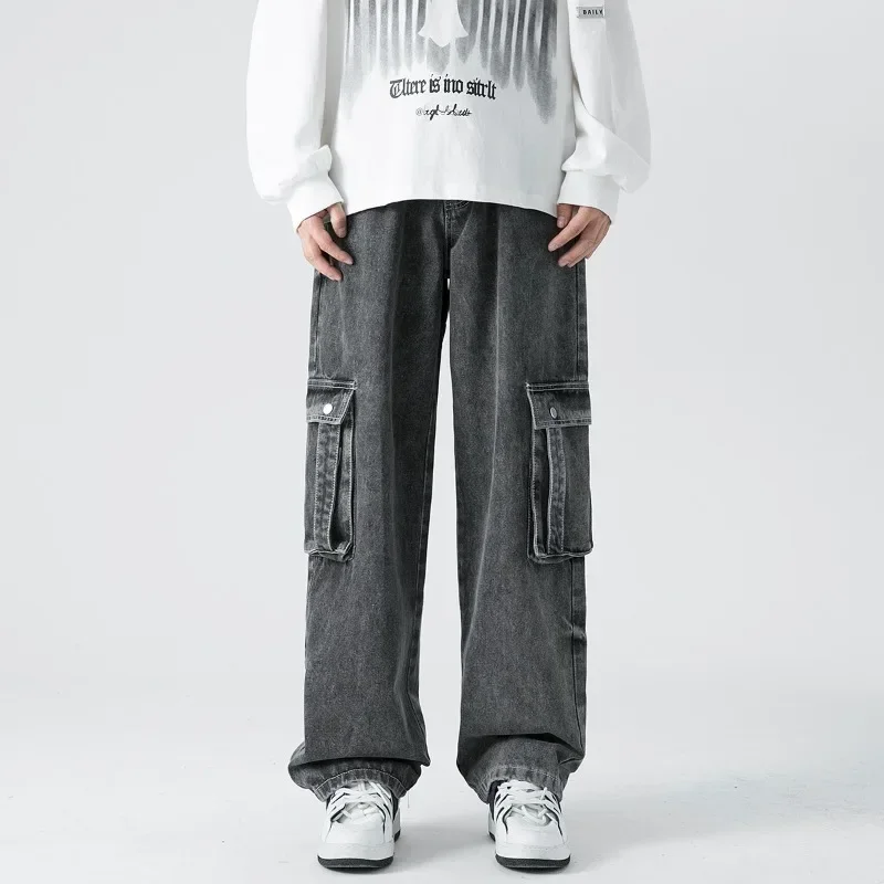 Autumn New Men's Denim Wide-leg Pants American Baggy Cargo Jeans Ins Multi-pocket Vintage Streetwear Trousers Grey Blue