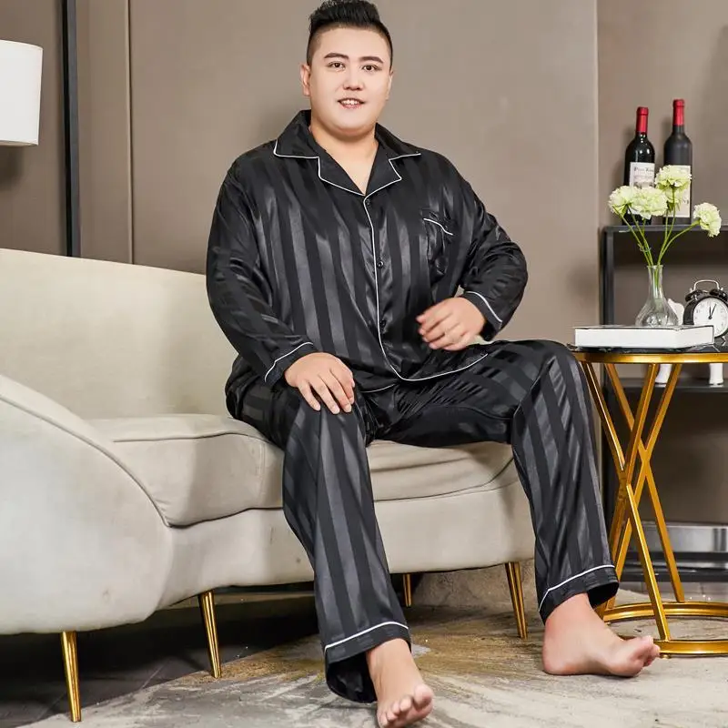 Plus Size 5XL 130kg Men\'s Silky Satin Pajamas Sets Casual Home Clothes For Male Big Leisure Nightgown Sleepwear Pyjamas Suit