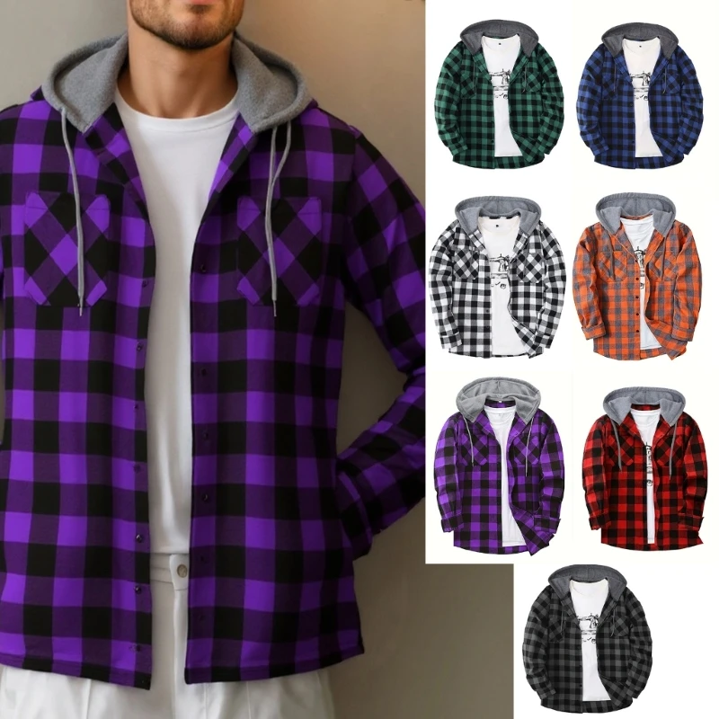 

Men Checked Button Down Shirt Long Sleeve Drawstring Hoodie Overshirt Casual Loose Cardigan Outwear with Pocket 6XDA