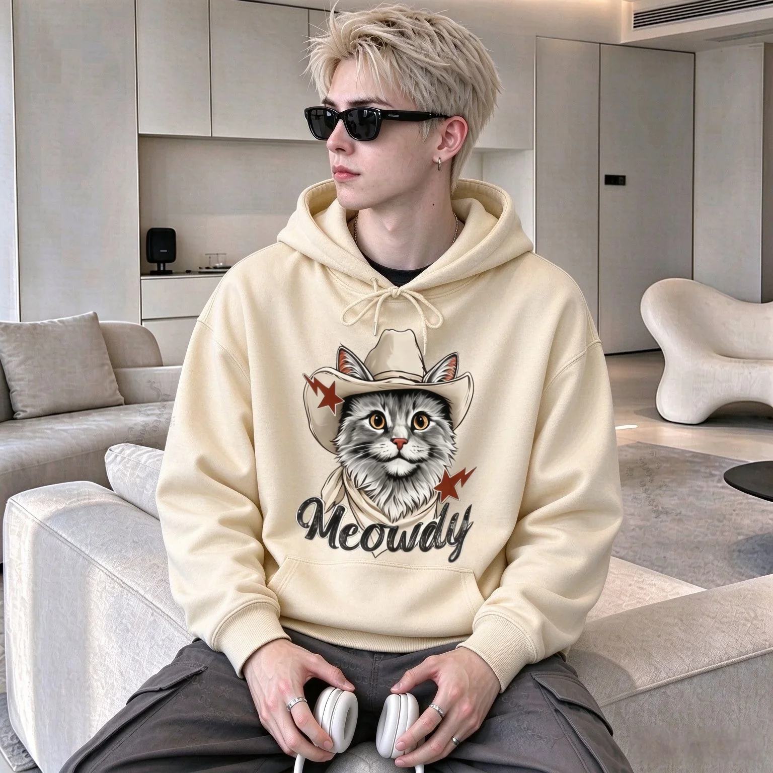 Sudadera con capucha unisex para otoño e invierno, con un estampado gráfico adorable de un gato vaquero del oeste
