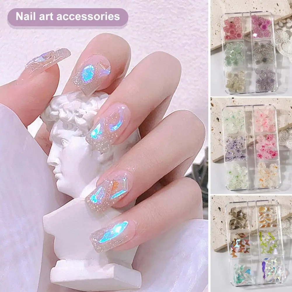 1 Box Nail Art Decors Shining Three Dimensional Gloss DIY Camellia Faux Diamond Five-Petal Flower Heart Nail Charms Nail Salon