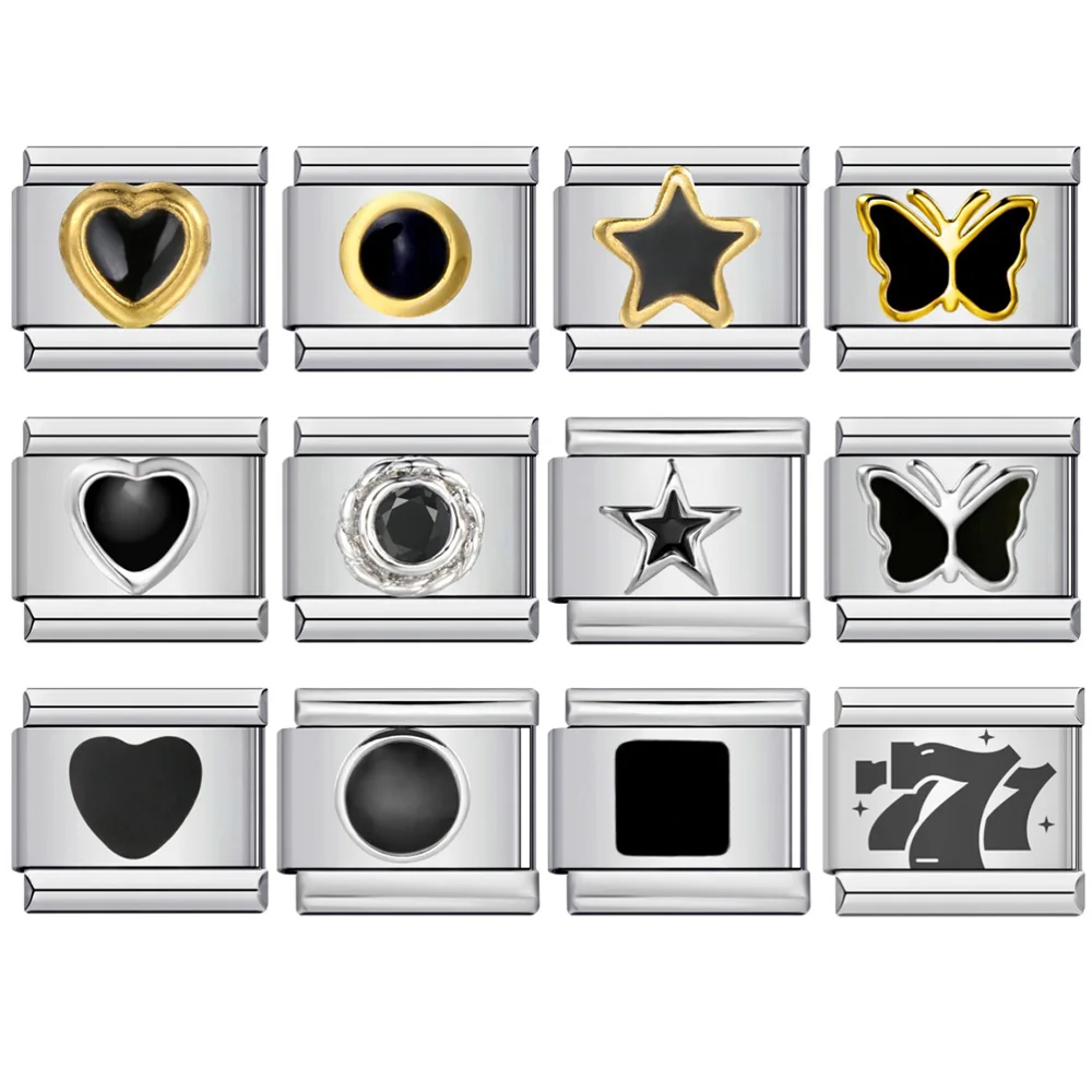 Black Butterfly Love Hearts Round Star Italian Links Charm Fit 9mm Jewelry Stainless Steel Making DIY Fashion Bracelets Beads