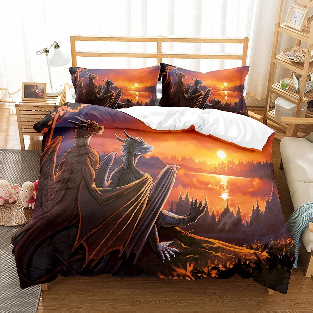 Fly Dragon King Queen Duvet Cover Western Sci-fi Dragon Bedding Set Men Boys Magic Animal Quilt Cover Polyester Comforter Cover