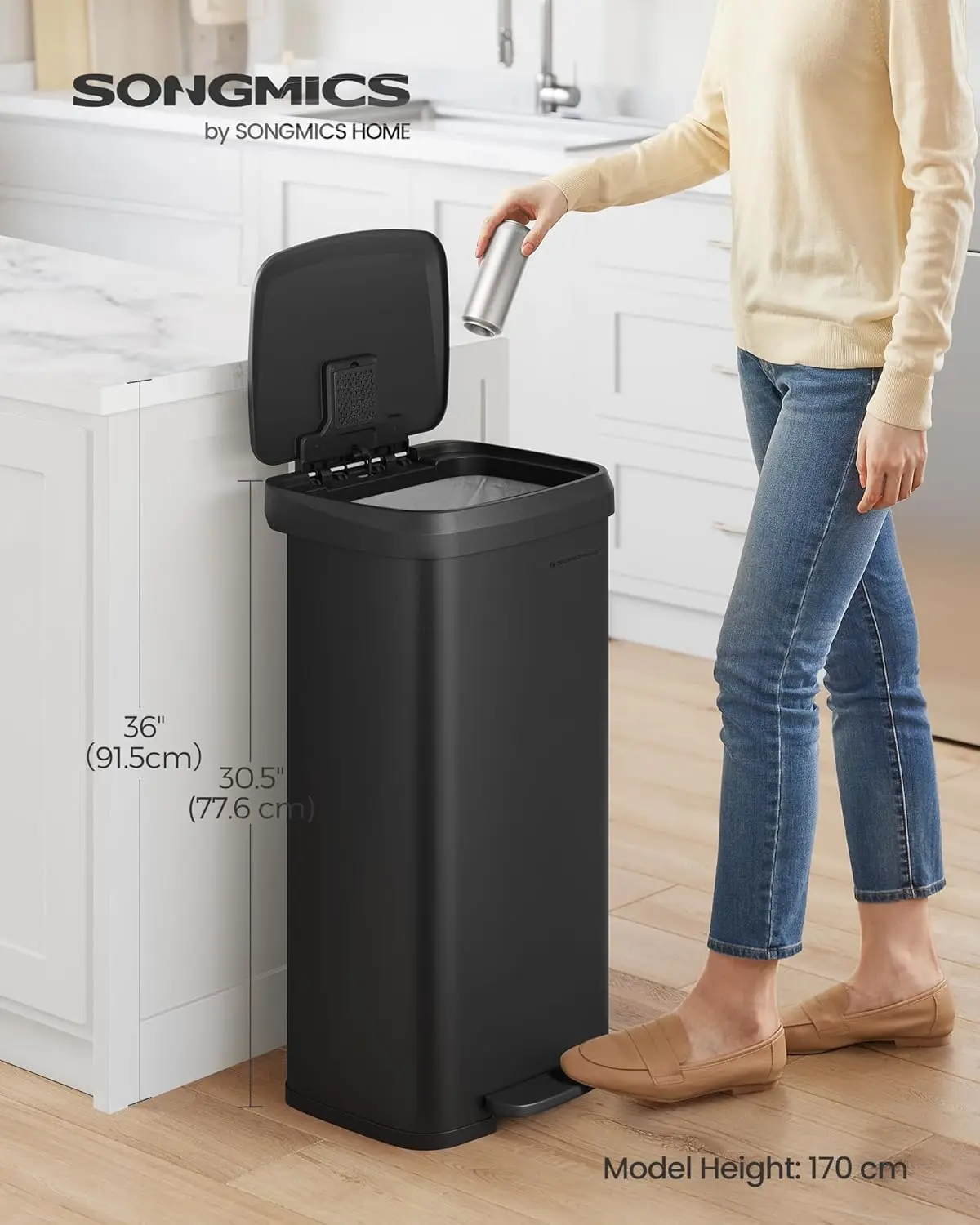 SONGMICS Kitchen Bin, 18 Gallon (68 L) Rubbish Bin, Metal Waste Pedal Bin with Lid, Tall and Large