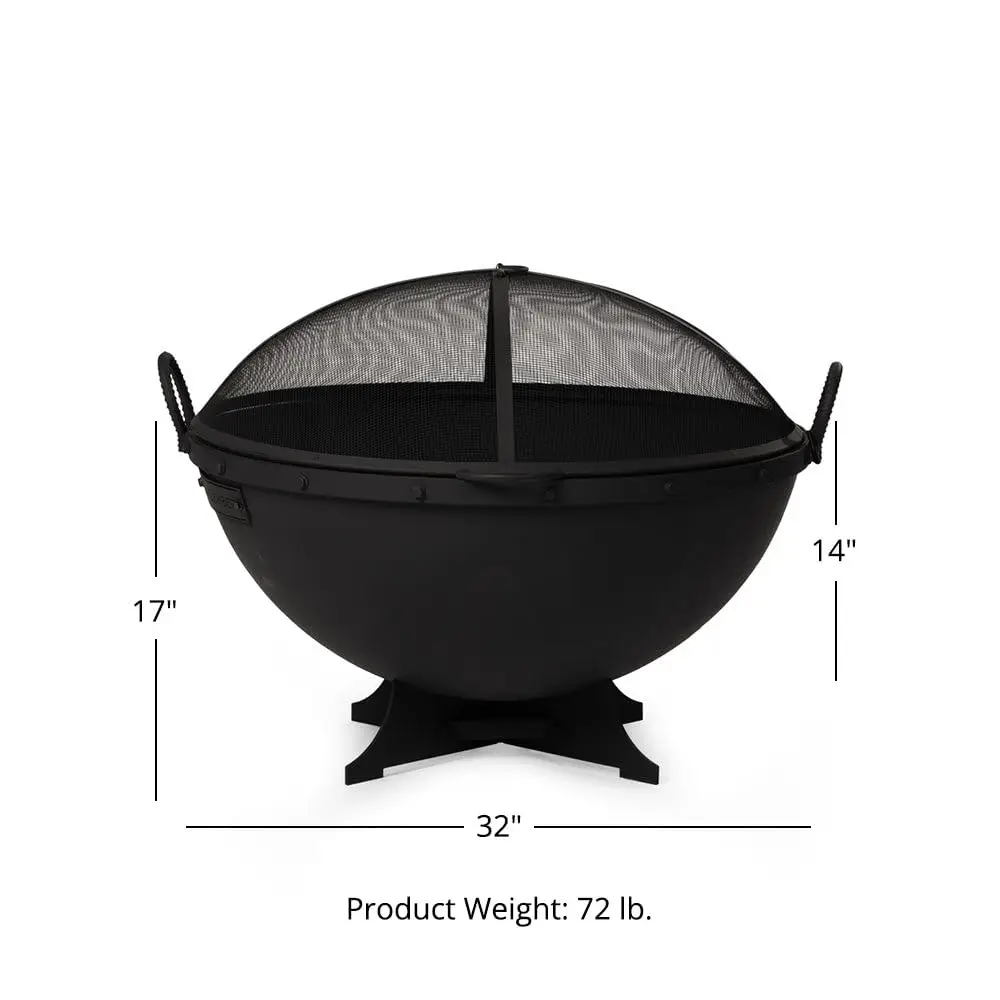 Ash & Ember 32in Hemisphere Fire Pit with Screen and Poker, Cast Iron High-Temperature Black Paint Fire Bowl, Wood