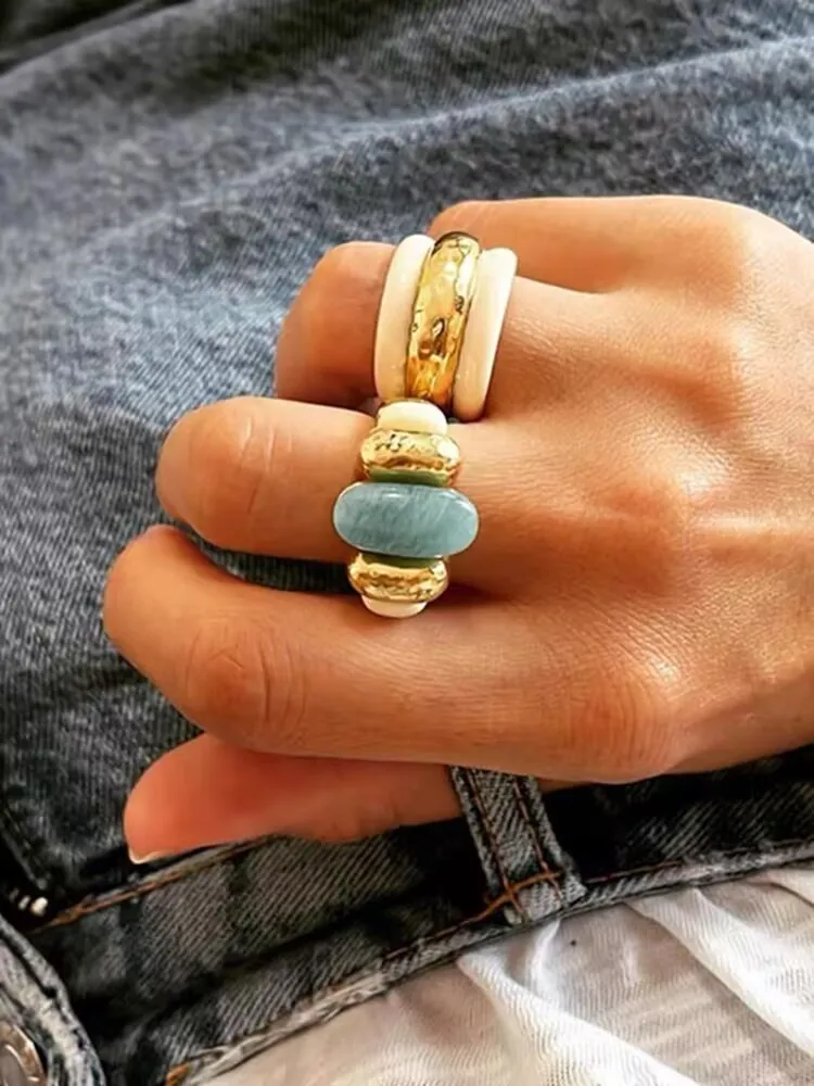 French Designer 18k Gold Filled Natural Amazonite Chunky Ring White Stone Open Cuff Bangle Colorfast Statement Fine Jewelry Set