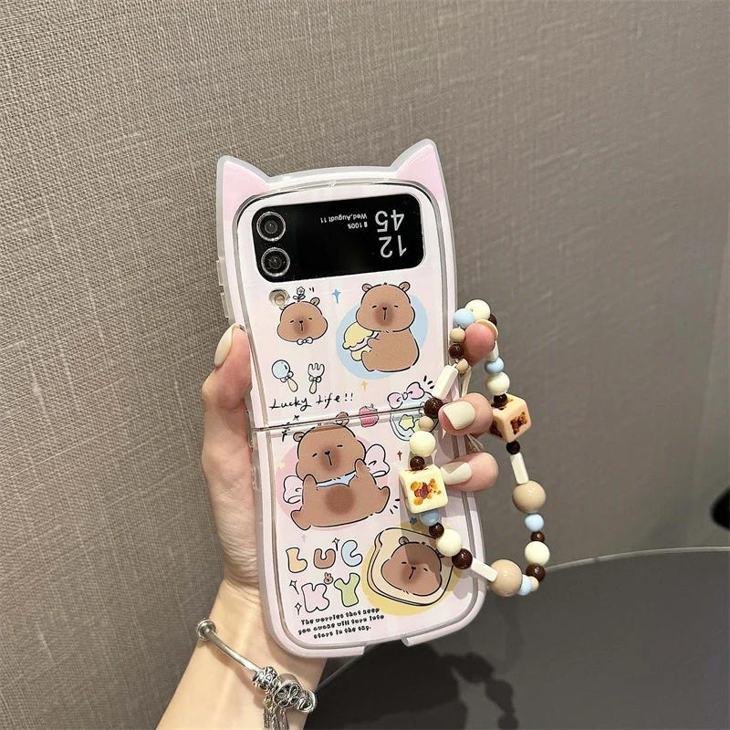 Kawaii Cartoon 3D Cat Phone Case For Samsung Galaxy Z Flip 6 5 4 3 Z Flip5 Flip6 Flip4 5G Cover with Chain Silicone Cute Cases