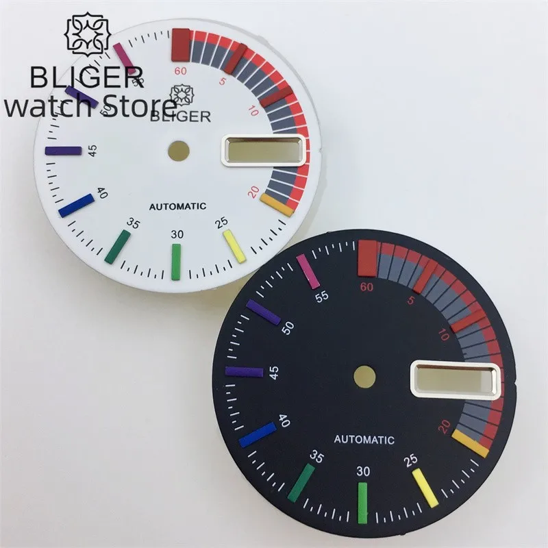 BLIGER 29MM dial hitam putih, indeks multiwarna untuk NH36 NH36A gerakan