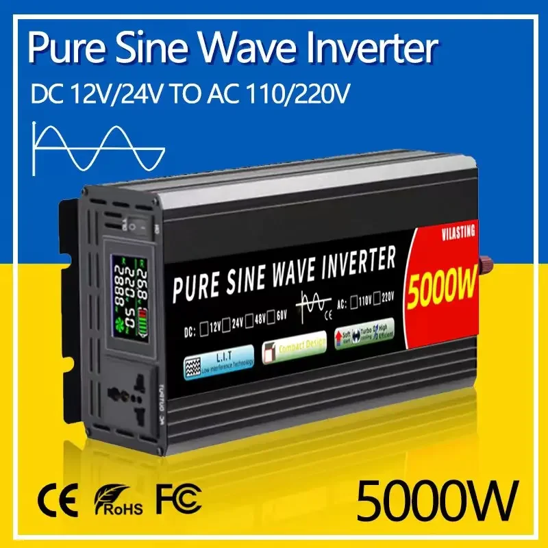 Portable High Frequency Pure Sine Wave Inverter 1000W-5000W 12V to 220V DC-AC for Car Solar Power Conversion