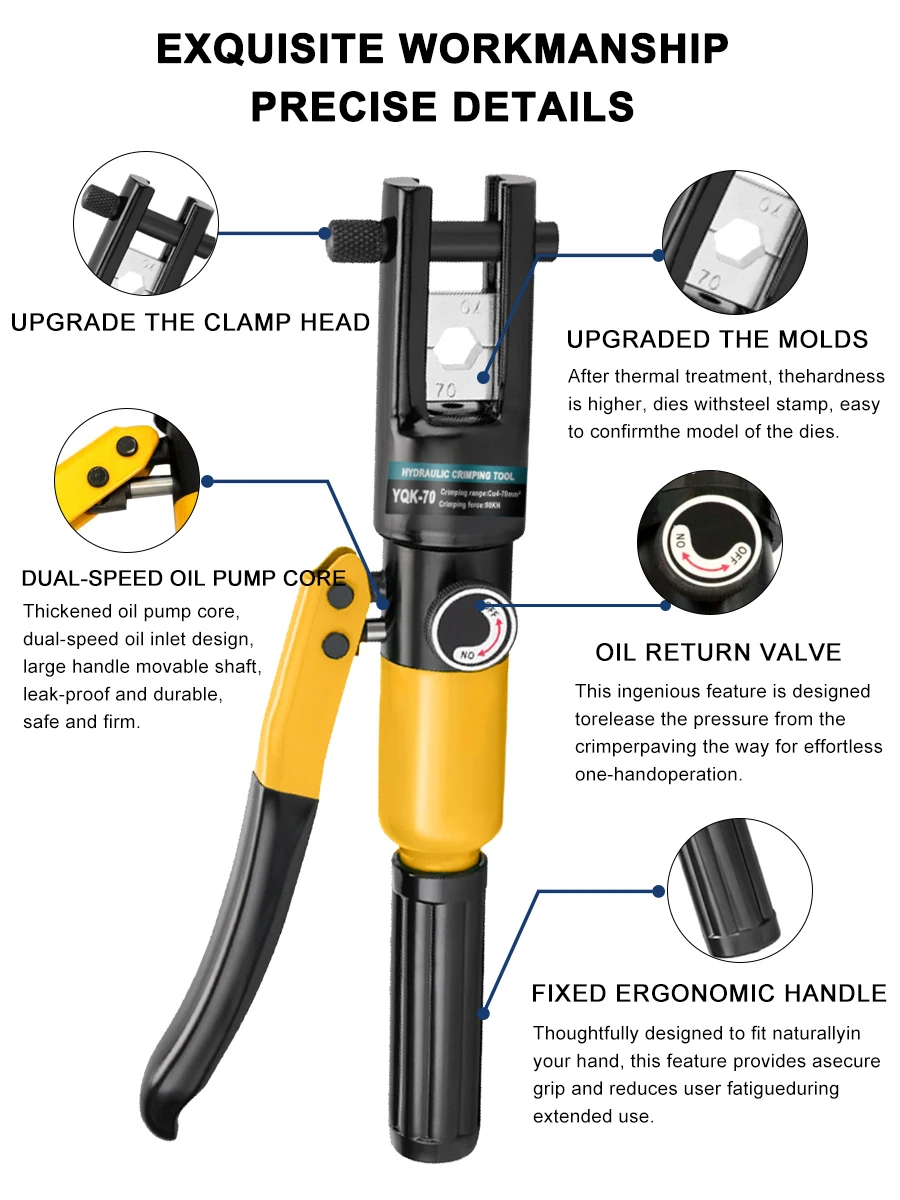 PXPX Hydraulic Crimping Tool YQK-70 Cable Lug Crimper Plier 4-70m² Compression Tool Pressure 5-6T Pressure