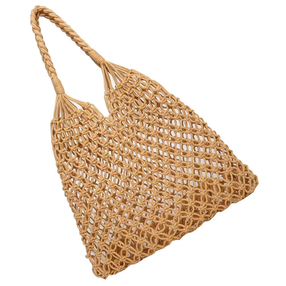 Grid Beach Bag The Tote Crochet Straw Summer Cotton Rope Woven Shopping Bags Trendy Handbag