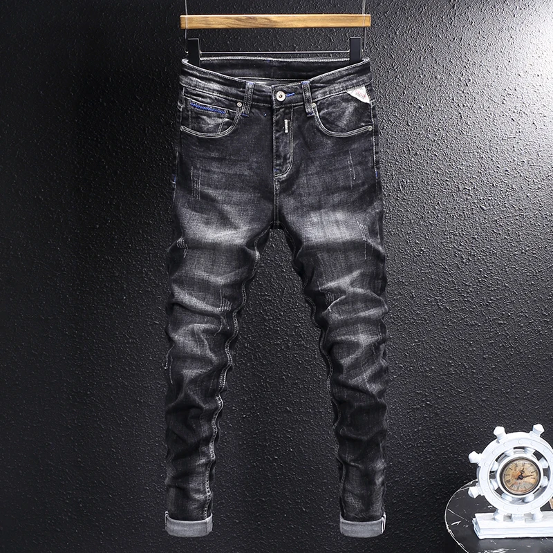 Newly Designer Fashion Men Jeans High Quality Retro Black Gray Stretch Slim Fit Ripped Jeans Men Embroidery Vintage Denim Pants