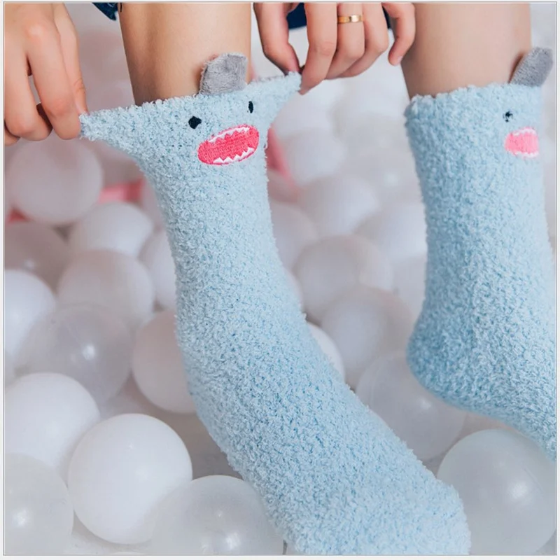 Cute Little Monster Cartoon Fuzzy Socks Women Coral Velvet Medium Tube Funny Socks Cotton for Winter and Autumn Keep Warm 73