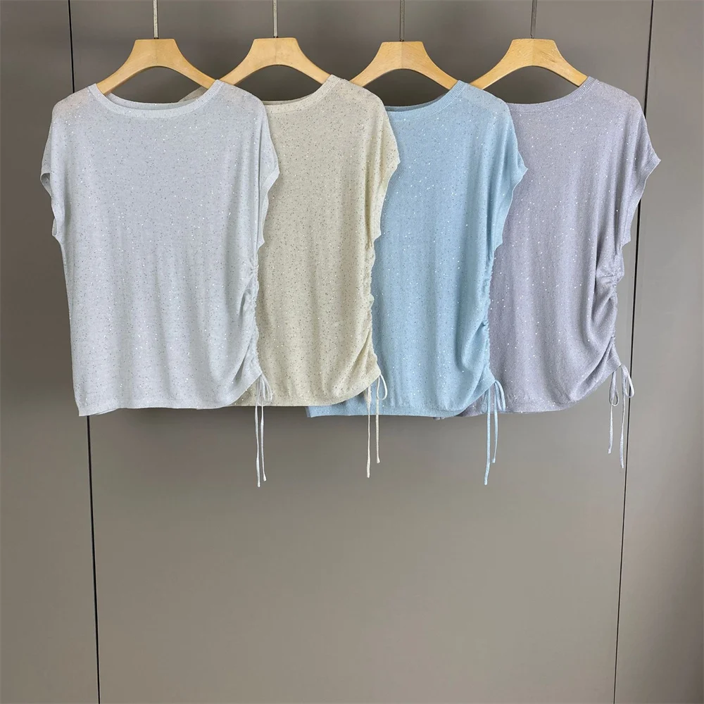 

26 Spring/Summer Sequined Crew Neck Pullover Knit Short-Sleeve Top Commuter Casual Vest Women's Clothing