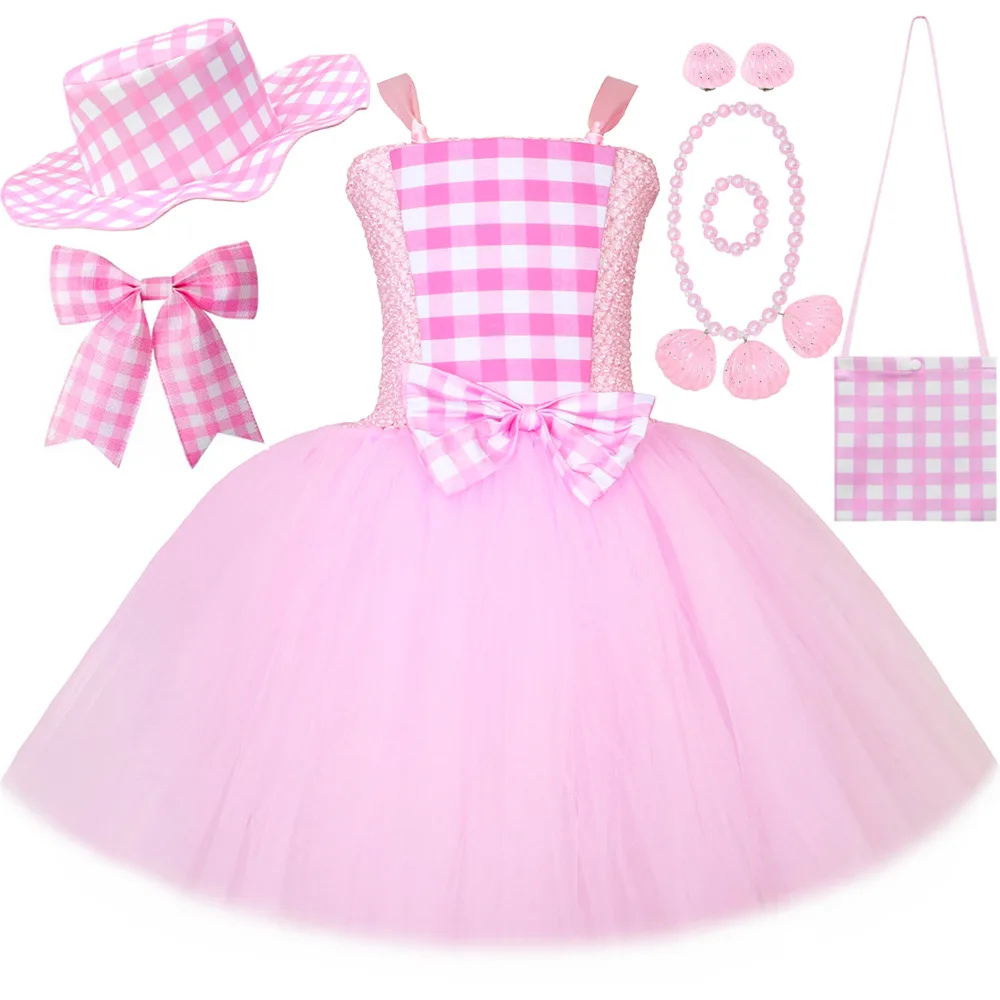 

Girls Pink Plaid Cute Costume Dress Kids Story Book Book Week Birthday Party Halloween Carnival Stage Performance Disfraz