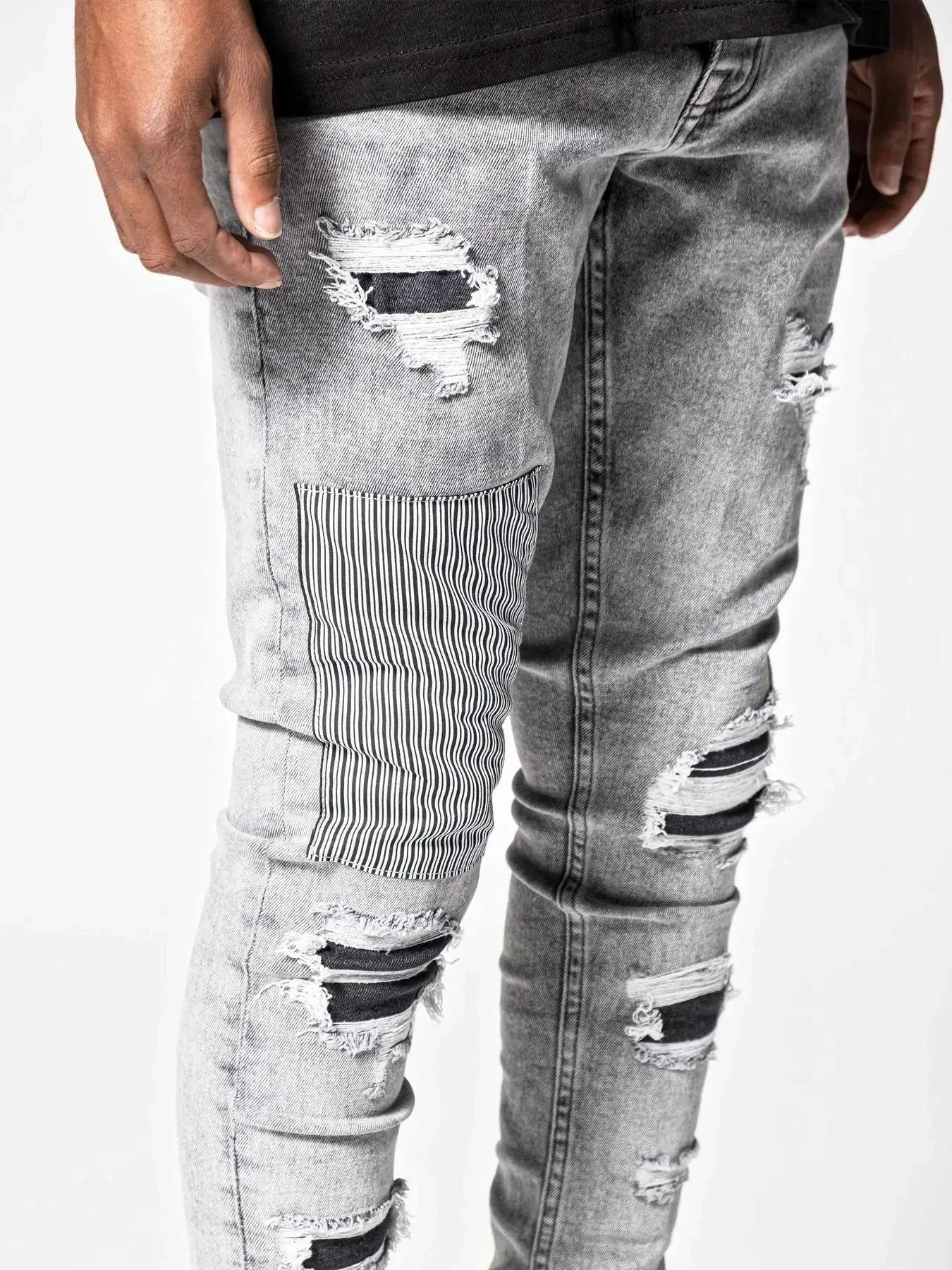 Men Jeans Denim Pencil Pants Holes Washing Slim Fit High Street Zipper Sheath Mid Waist Patchwork Ankle Length Solid Pockets