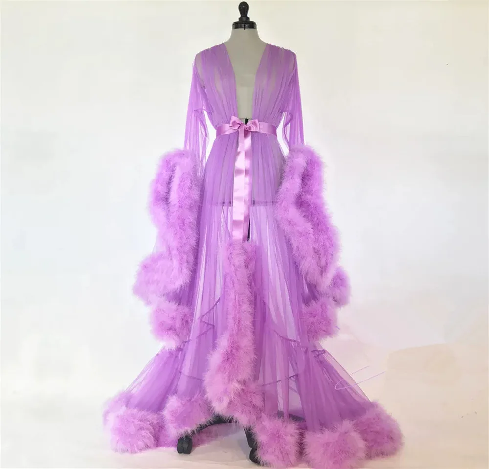 Women\'s Medieval Vintage Semitransparent Bridal Gowns Feather Wedding Robe Tulle Fantasy Furry Edge Fairy Outwear Costume Dress