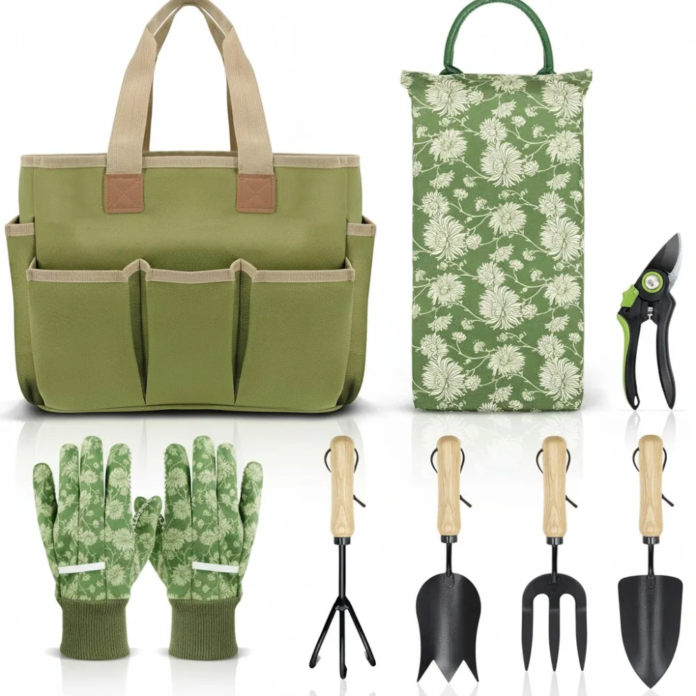 

8-Piece Heavy Duty Garden Tools Set with Wooden Handle, Tote Bag & Kneeling Pad - Perfect Gardening Gifts for Women & Men