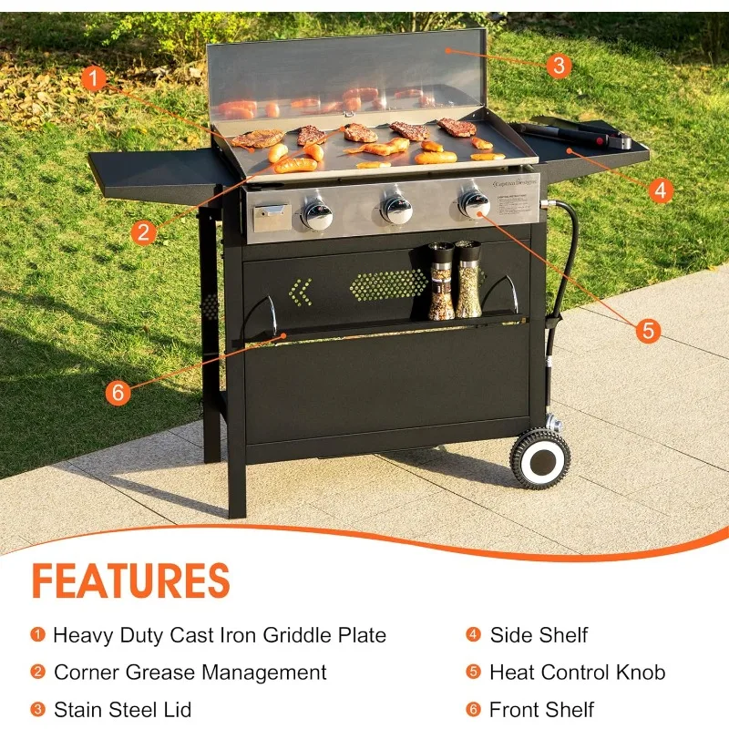 MFSTUDIO Flat Top Gas Griddle Grill with lid, 3 Burner Propane BBQ Grill Outdoor Cooking, Can be Used As a Table Top Griddle