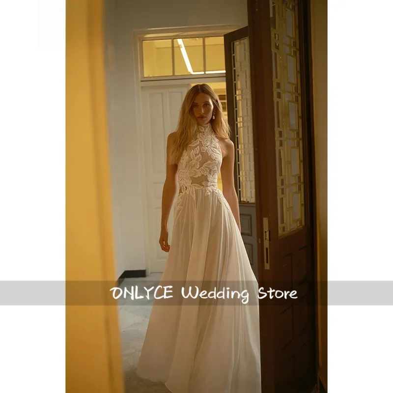 Tokyo Customized Flowing Draped Chiffon Wedding Dress Halter Neck vestidos de noche Large Floral Lace Appliques Evening Dresses
