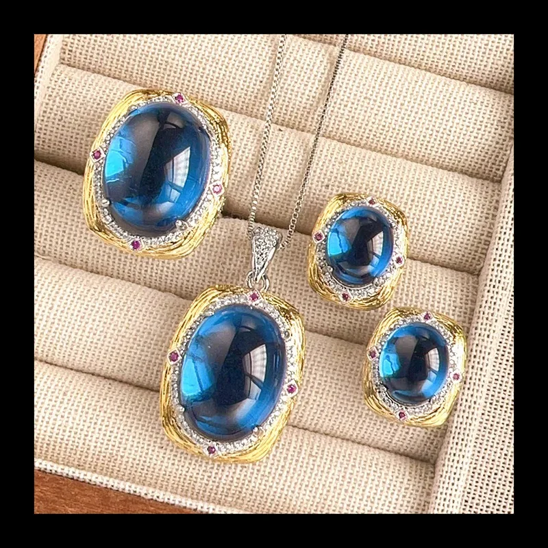 

Новинка 2025 года, имитация ювелирных изделий Huabi, простой синий шпинель, ретро легкий роскошный комплект, основной 15*20-10*12