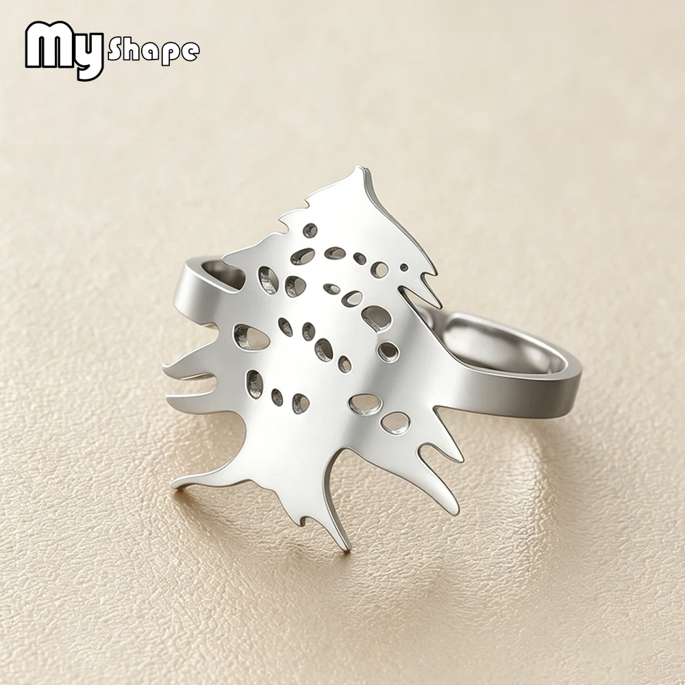 Lebanon Cedar Tree Open Ring Adjustable Ring Stainless Steel Cedar Leaf Finger Ring Lebanon Symbol Jewelry Gifts Waterproof