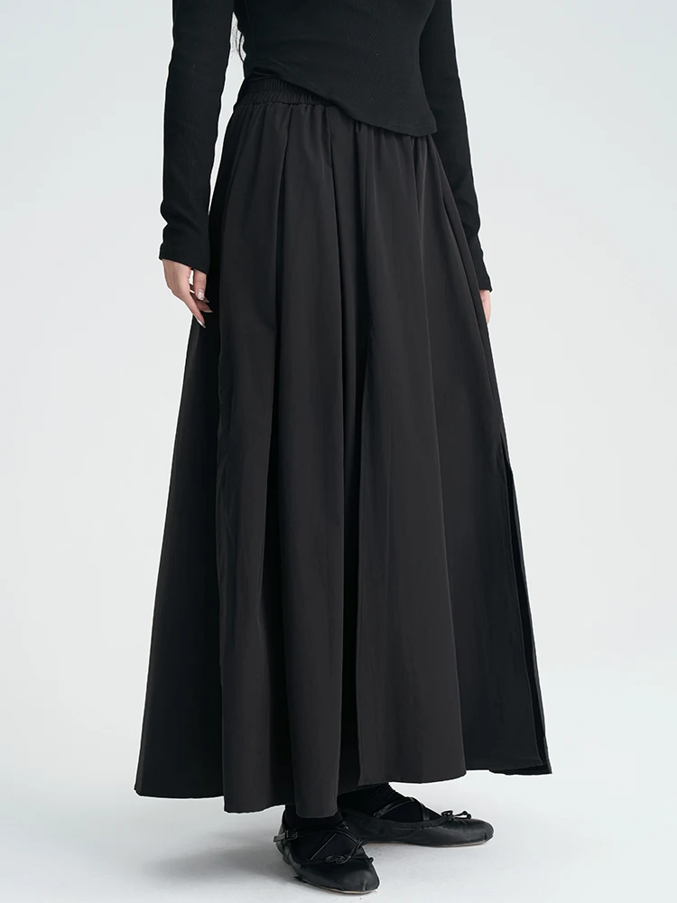 Black Asymmetrical Design Basic A-Line Skirt Elegant Spring Fashion High Waist Polyester Fabric Casual Style Long Skirt