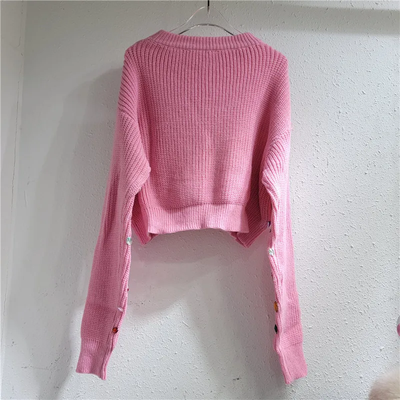 Spring Autumn Rainbow Diamonds Beaded Pullovers Crystal Knitted Sweater Rhinestones Knitwear Gemstones High Waist Jumpers Jersey