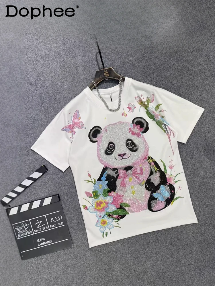 

2025 Spring New Fashion Trendy Men's Slim-fit Over Size Crew Neck Short Sleeve Tees Hot Diamond Letter Panda Half-Sleeve Tops