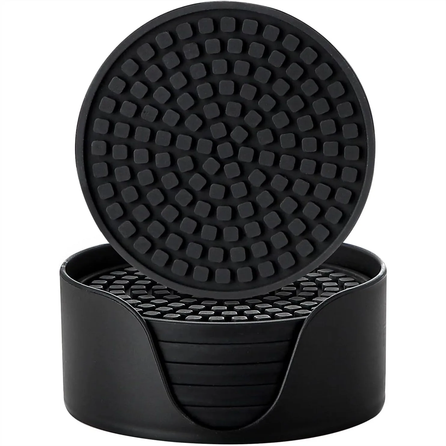 

Silicone Drink Coasters Set of 6 with Holder, Non-Slip Cup Mats for Hot or Cold Drinks, Thickened Table Protector, Black