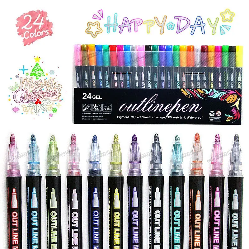 12/24 Color Set Double Line Outline Pen Art Marker Metallic Glitter Highlighter For Diary Poster Card Graffiti Painting Drawing