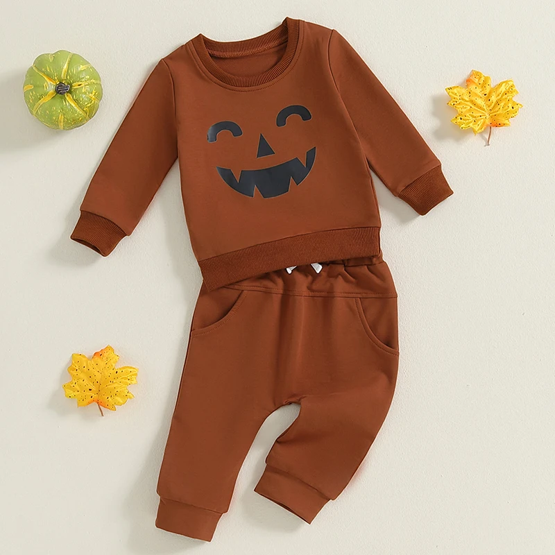 BeQeuewll Cute Pumpkin Print Baby Boy Clothes for Kids Halloween Outfit Long Sleeve Sweatshirt Pants Infant Suit for Fall Winter