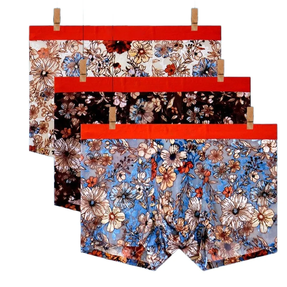 Men Retro Flowers Print Mesh Flocking Boxer Shorts Bulge Pouch Underwear Trunks Breathable Male Underpants Sleep Sports L-3XL