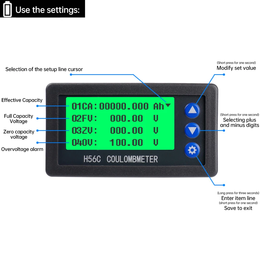 High Precision Coulomb Meter With Shunt Battery Level Meter ElectricCar Battery Power Voltage Current Meter 100/200/300A 10-100V