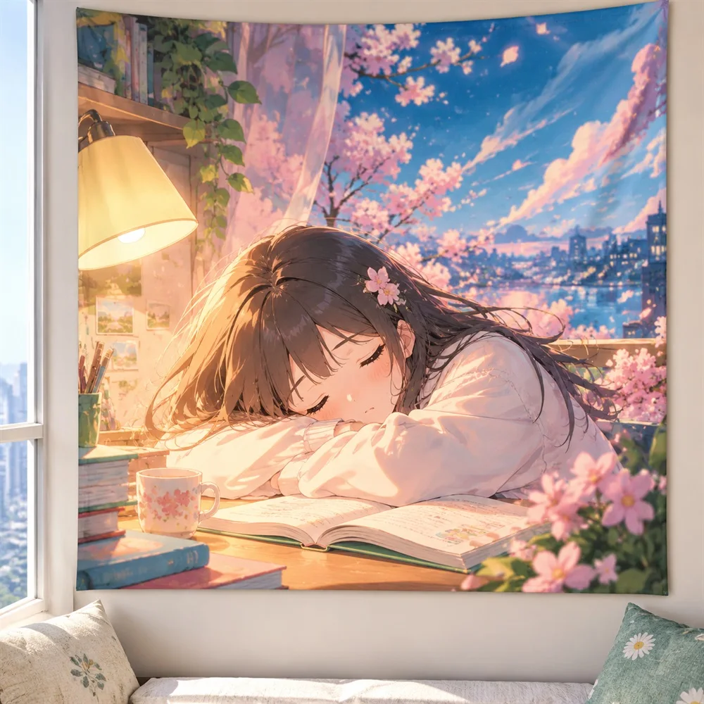 VIKAMA Sleeping Study Girl Anime Tapestry Wall Hanging, Aesthetic Cozy Anime Room Decor Tapestries for Bedroom Study Living Room