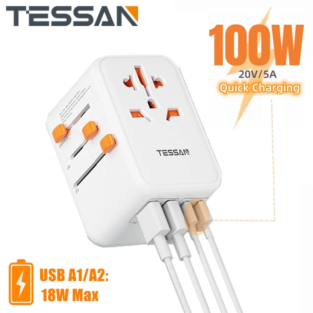 

TESSAN 65W/100W GaN Worldwide Travel Adapter Universal with USB Type C Fast Charging Power Adapter EU/UK/USA/AUS Plug for Travel