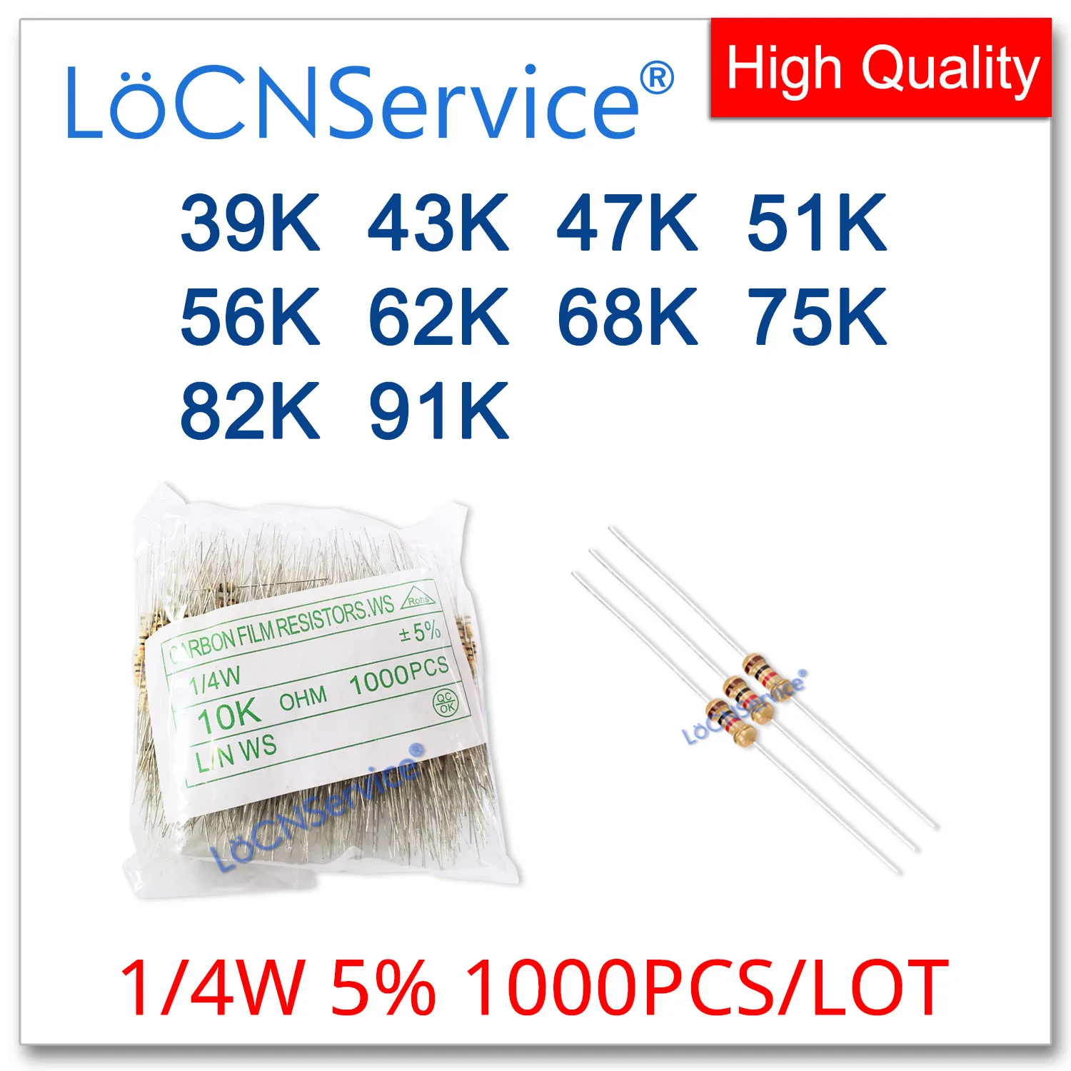 LoCNService 1000 ชิ้น/ล็อต 5% 1/4W 39K 43K 47K 51K 56K 62K 68K 75K 82K 91K ตัวต้านทานฟิล์มคาร์บอน DIP OHM