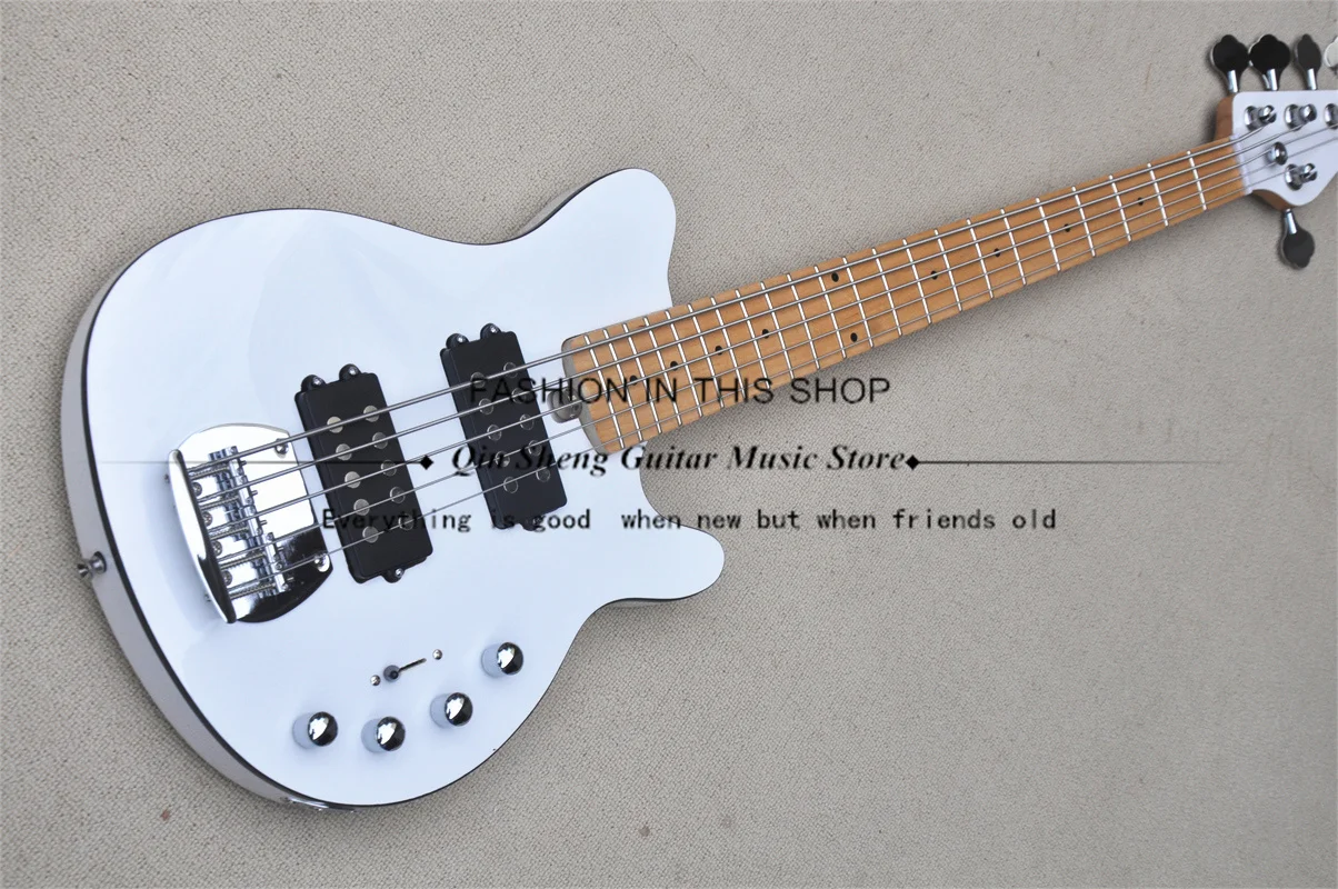 

5 String Electric Bass Guitar, Ref White Bass,Black Binding 3 Switch Maple Fingerboard Active Battery