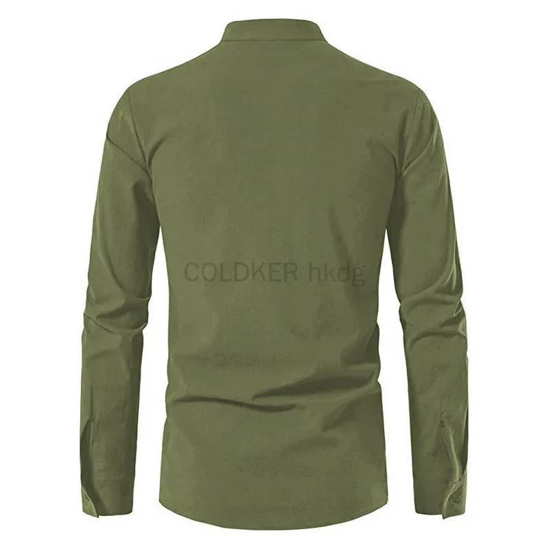 COLDKER Green Khaki Men's Renaissance Shirt Pirate Medieval Top for Men Cotton Linen Shirts Men Long Sleeved Halloween Costume