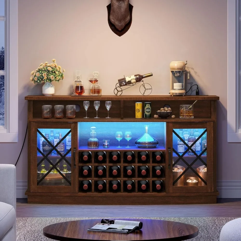 Gabinete de bar de vino minimalista nórdico con estación de carga, estante ajustable, puertas de vidrio templado, 58 pulgadas de ancho con almacenamiento