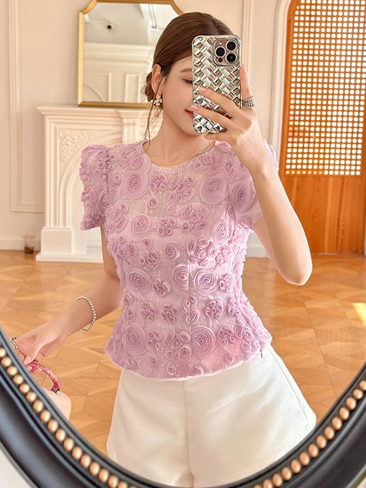 Ropa de mujer, camisa de manga corta con flores moradas dulces, Tops cortos ajustados con cuello redondo para mujer, blusa de manga abombada de malla, moda de verano