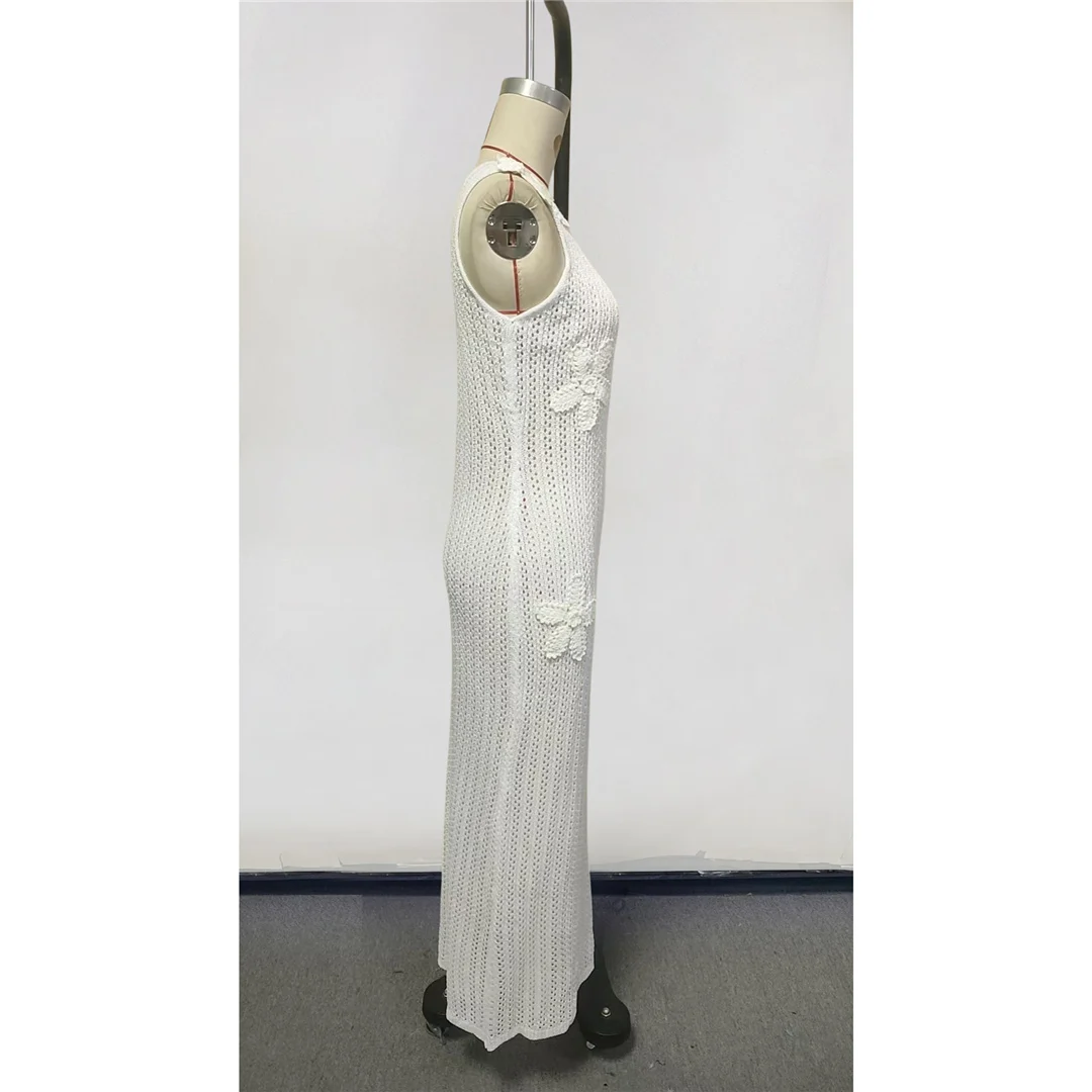 3D-Blumen, einseitiger Schnitt, einfarbig, gehäkelt, gestricktes Tunika-Oberteil, Strandkleid, Strandbekleidung, Damen, V8294 – Detail 8